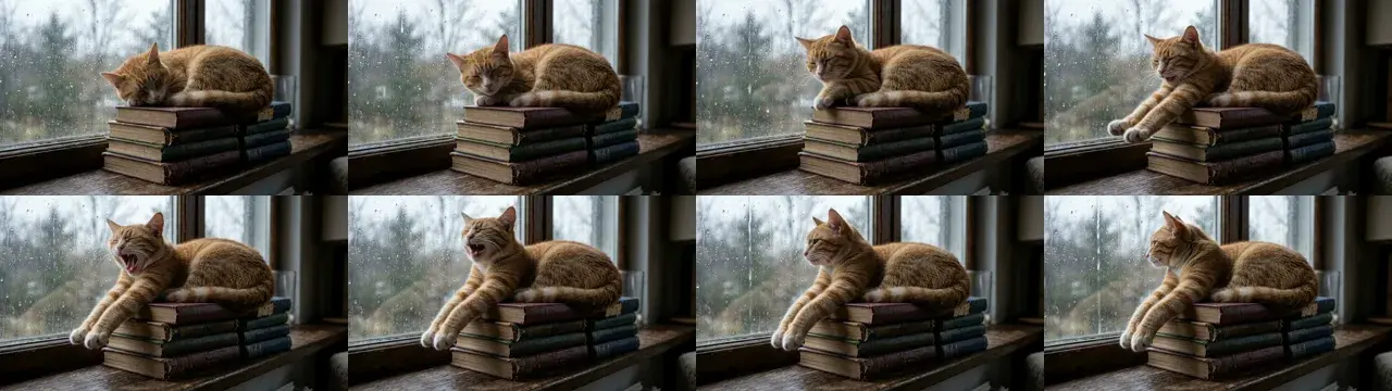 Eight frames of a ginger cat asleep on a stack of books by a rainy window, waking, stretching its paws and yawning.