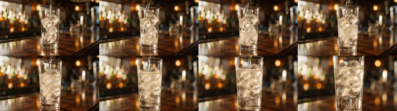 Eight frames of a tall glass of sparkling water on a wooden bar, from the empty pour to a full glass with bubbles near the bottom.