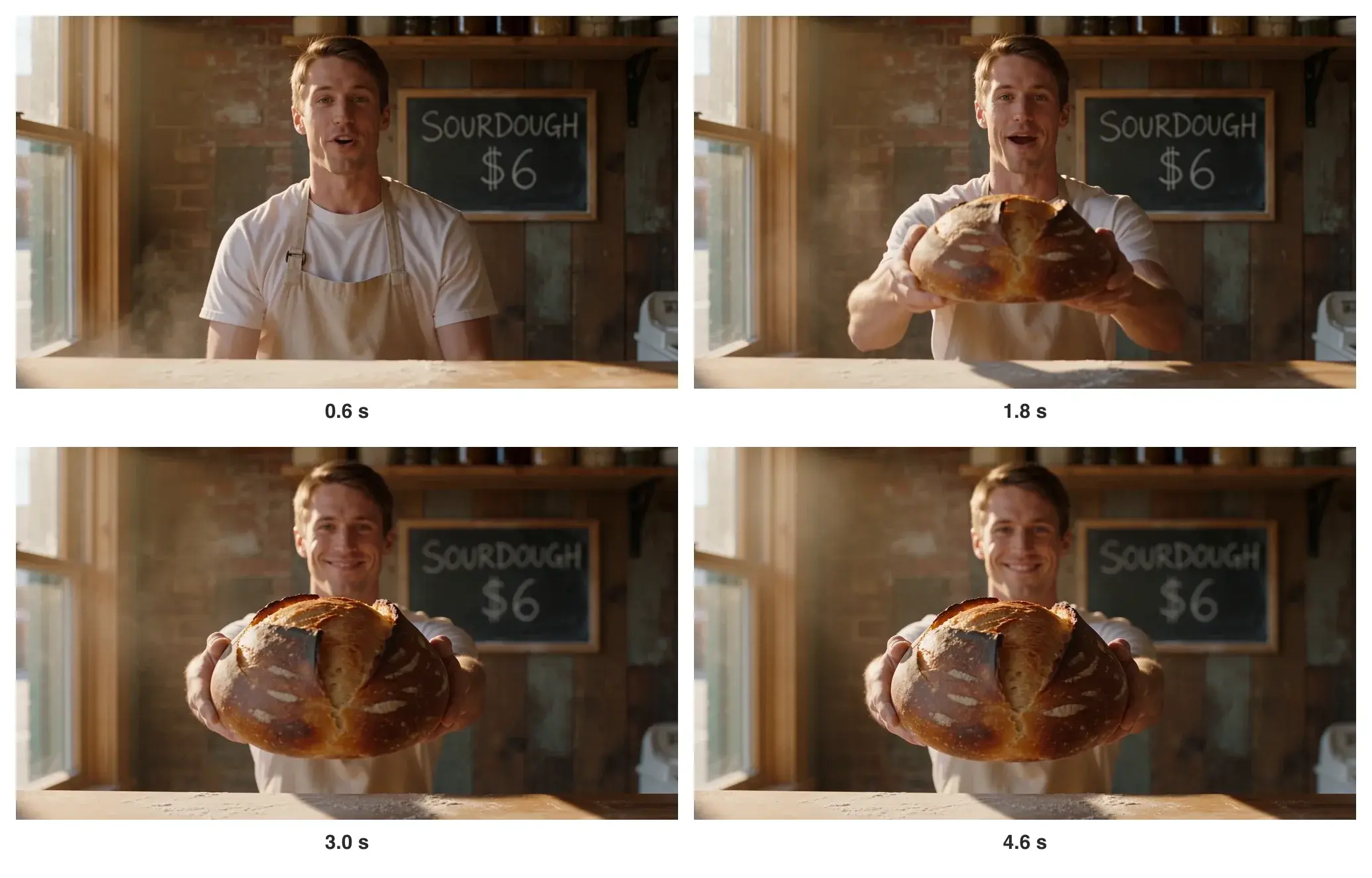 Vier Bilder aus dem Bäcker-Clip: der Bäcker hinter dem Tresen, eine Tafel mit SOURDOUGH $6, ein hingehaltenes Brot