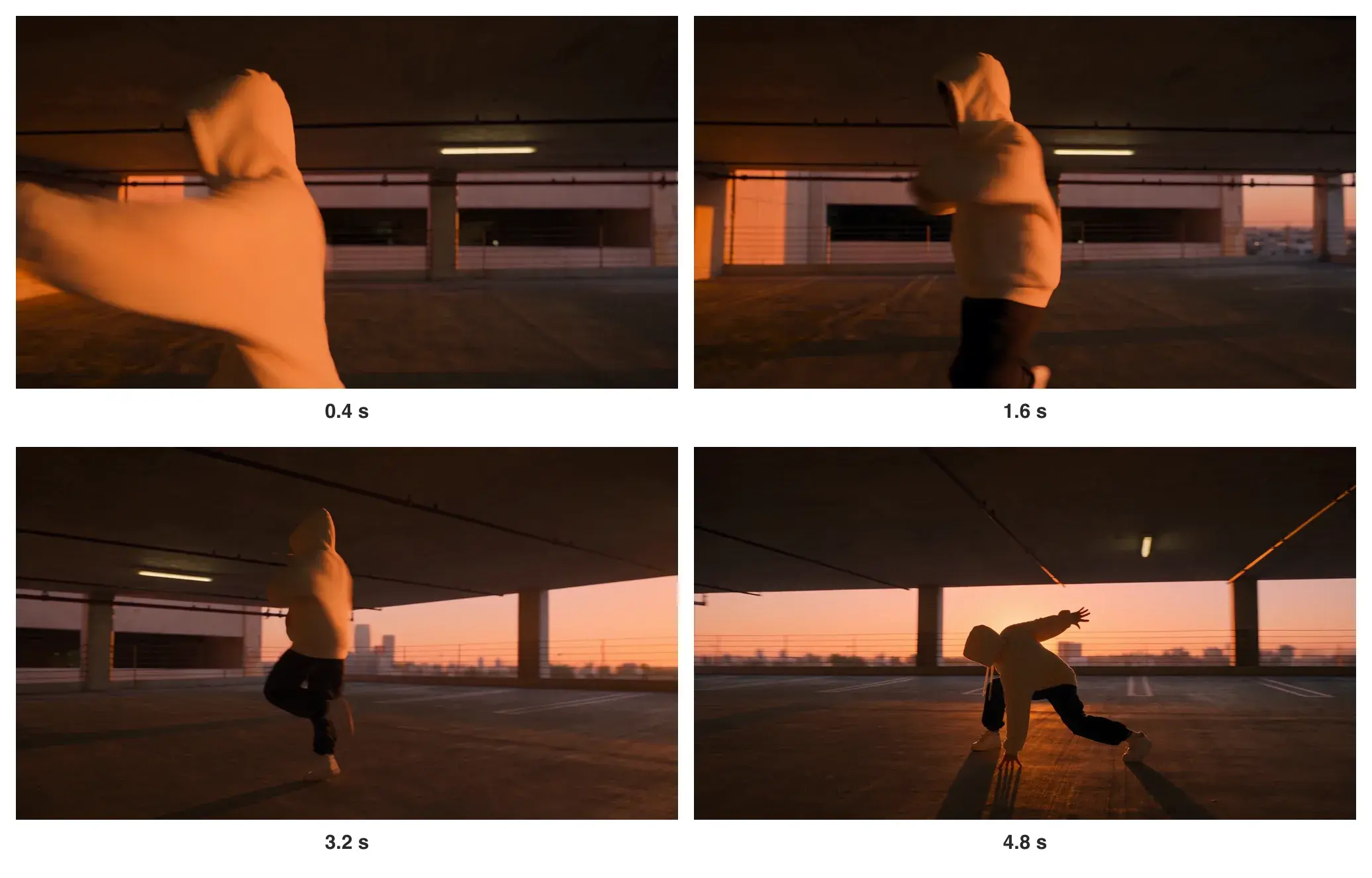 Vier Bilder aus dem Tanz-Clip: eine Person im weißen Hoodie dreht sich vor einem orangen Sonnenuntergang