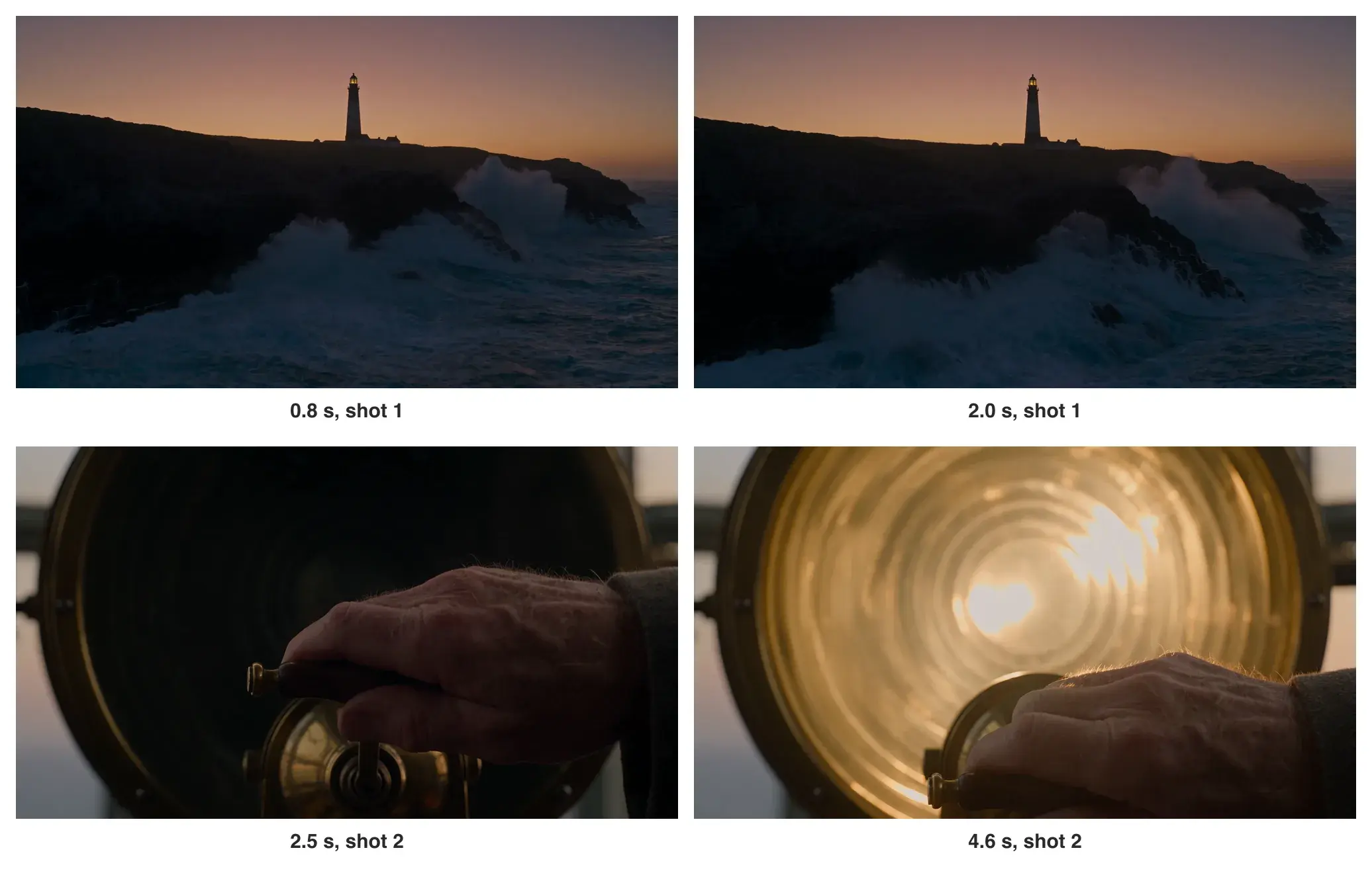 Bilder aus dem Leuchtturm-Clip: Klippen und ein Leuchtturm in der Dämmerung, dann eine Hand an einem Messinggriff