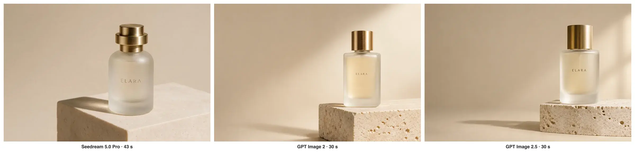 Las tres fotos del perfume, una al lado de la otra
