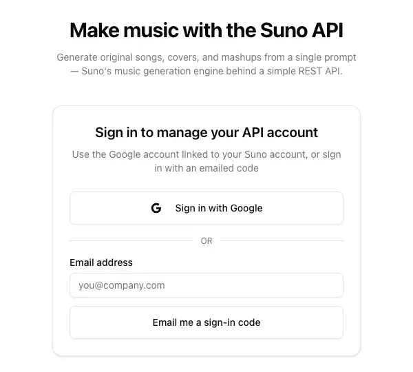 2026년 10월 17일의 platform.suno.com. Make music with the Suno API라는 제목 아래에 Sign in to manage your API account라고 적힌 로그인 상자가 있다