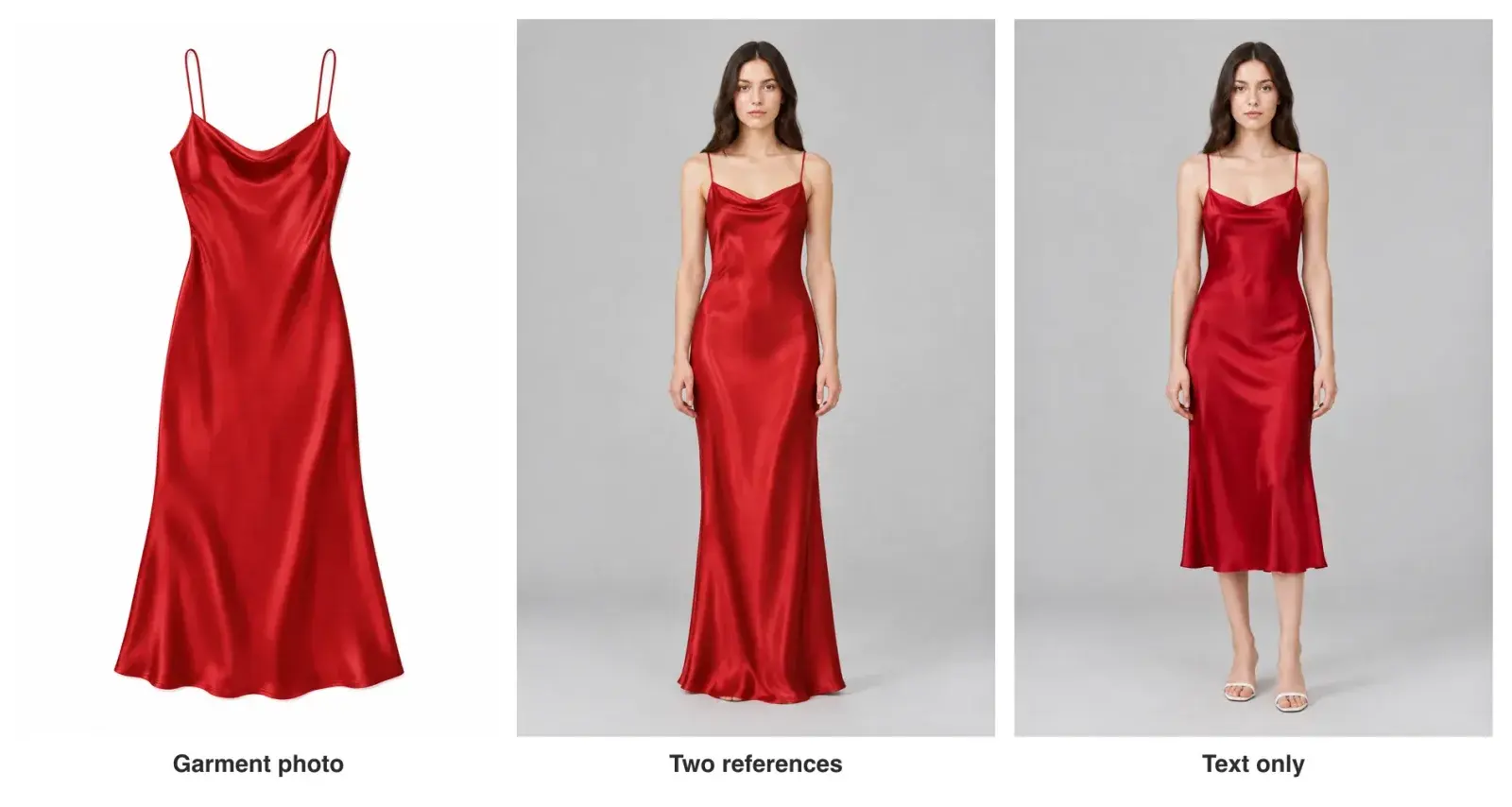 Three panels: a flat-lay red slip dress, the same dress on the model reaching the floor, and a text-only version ending mid-calf