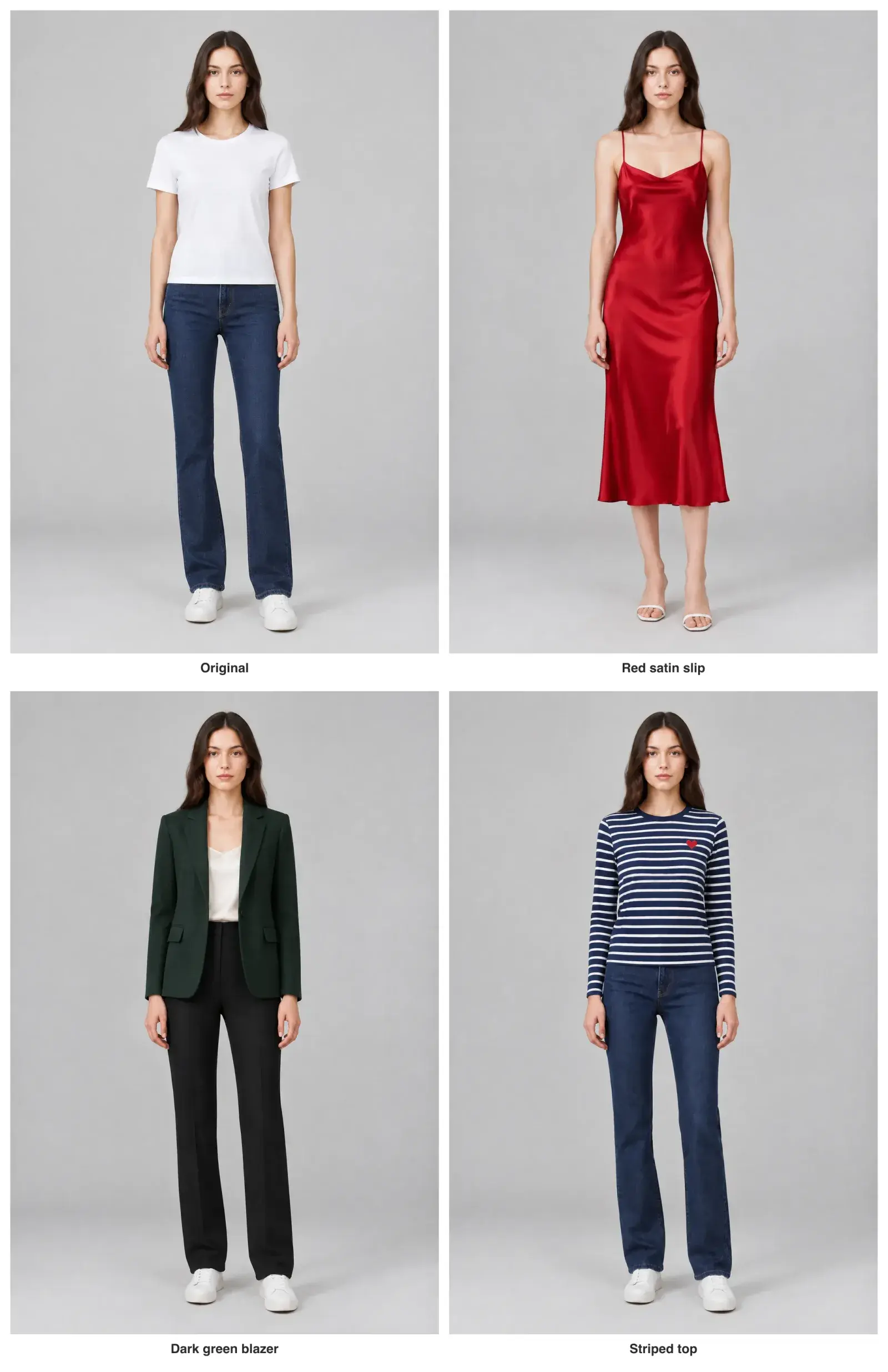 Four studio portraits: the original white T-shirt and jeans, a red satin slip dress, a dark green blazer, and a striped top