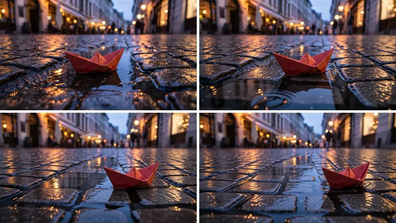 The first-frame still and three frames from the Wan 3.0 paper-boat clip
