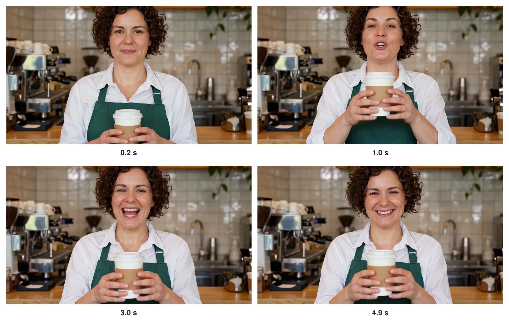 Quatro quadros do clipe da barista: uma barista de cabelo cacheado e avental verde-escuro segura um copo para viagem com as duas mãos e fala para a câmera