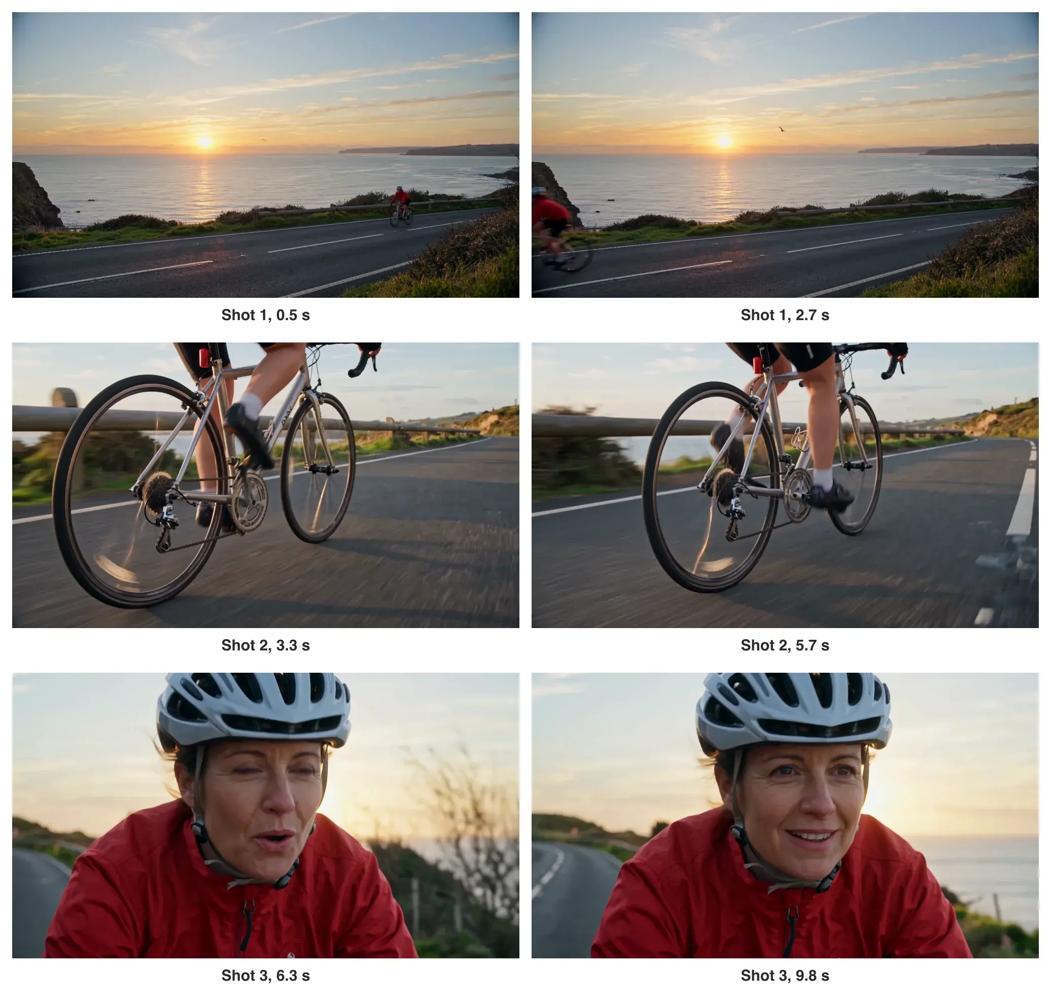 Seis quadros do clipe da ciclista: uma ciclista de jaqueta vermelha numa estrada de falésia sobre o mar, um travelling baixo na corrente e nos raios de uma bicicleta prateada e um close frontal com capacete branco