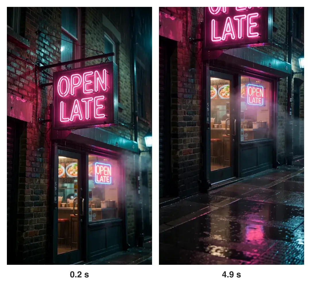 Dois quadros do clipe vertical: uma placa de neon rosa com a palavra OPEN LATE sobre a porta de uma loja, e depois a porta e o chão molhado tingido de rosa