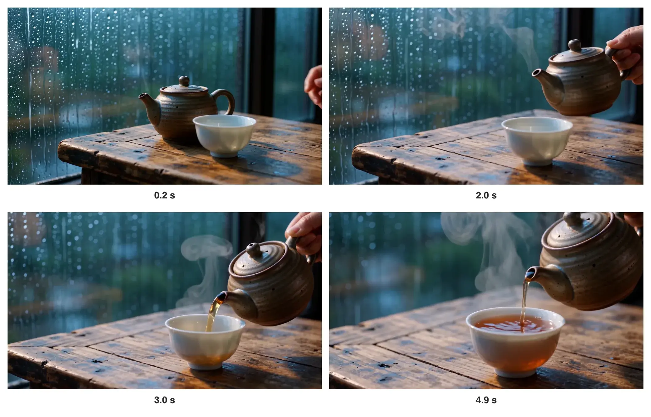Quatro quadros do clipe do chá: uma mão levanta um bule de cerâmica marrom e serve chá âmbar numa xícara branca pequena junto a uma janela com chuva
