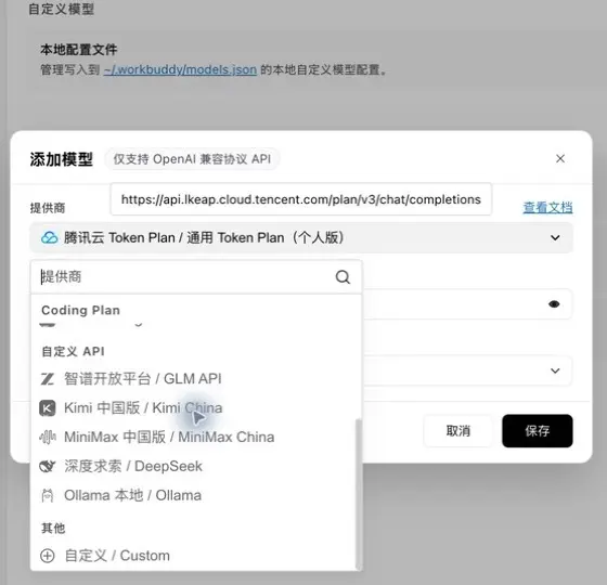 WorkBuddy 提供商下拉菜单底部的自定义 Custom 选项