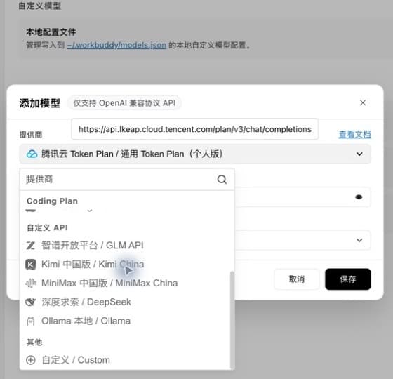 WorkBuddy 提供商下拉菜单底部的自定义 Custom 选项